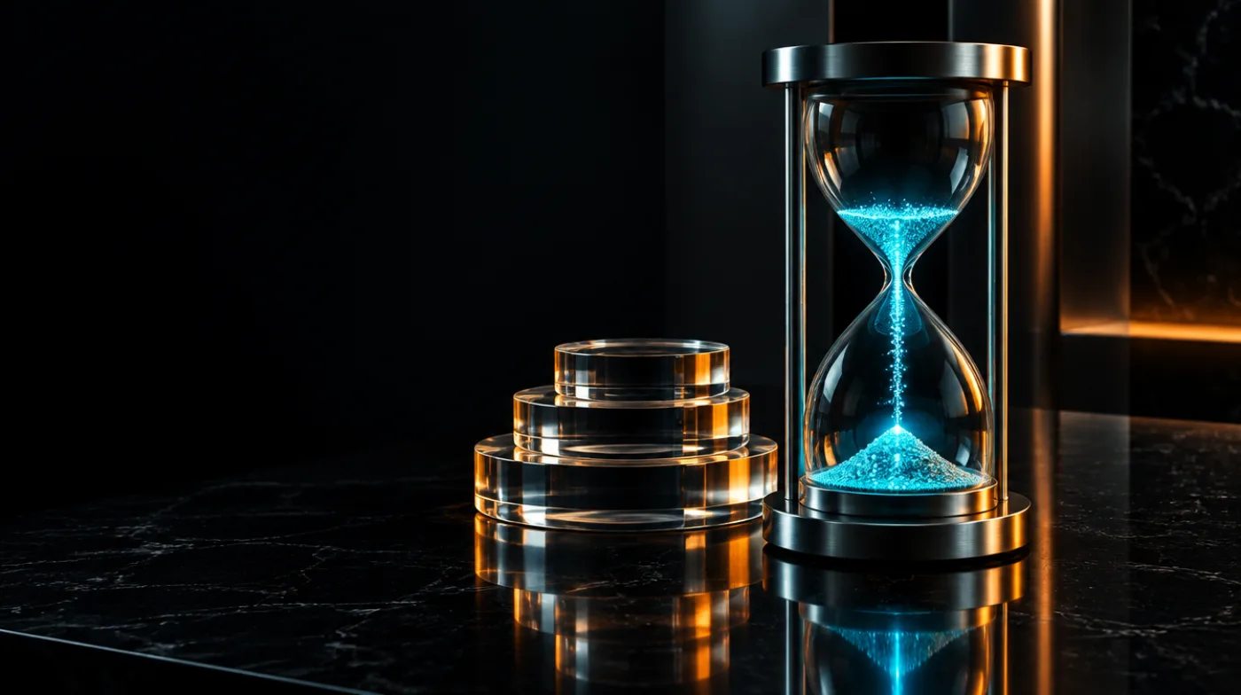 A steel and crystal hourglass with cyan light falling through it beside three stacked glass discs