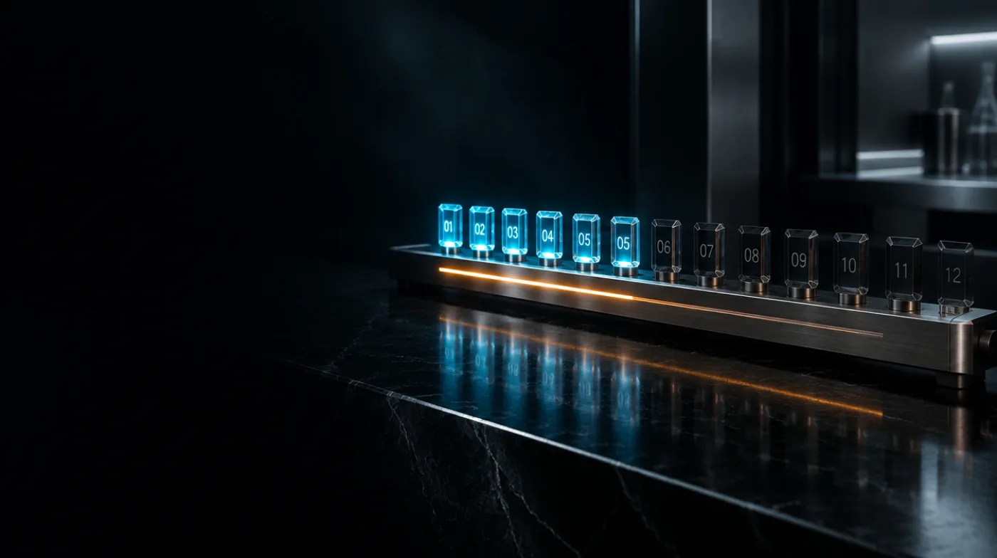 Twelve engraved crystal markers on a steel rail, the first lit in cyan and the rest still dark