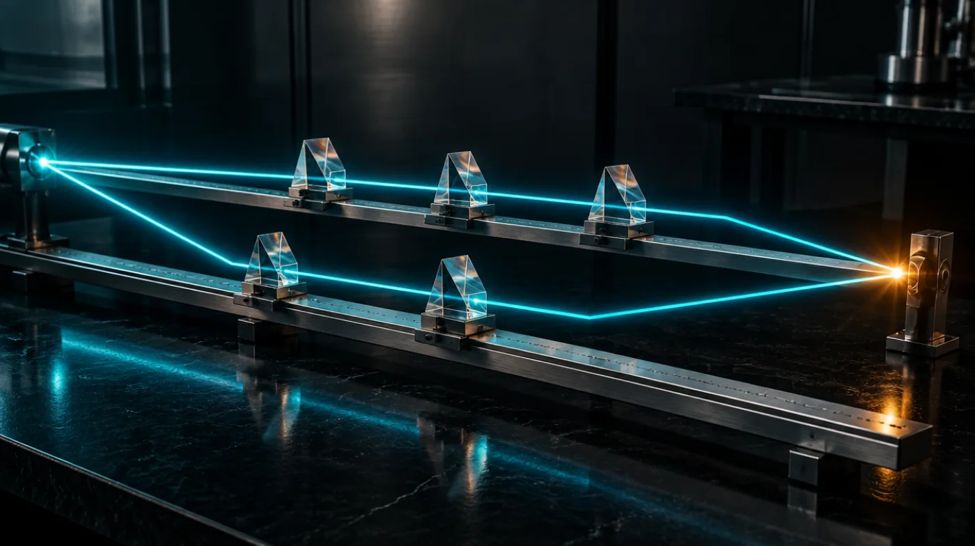 Two parallel steel rails carrying glass prisms, a cyan beam splitting and rejoining at a single amber point